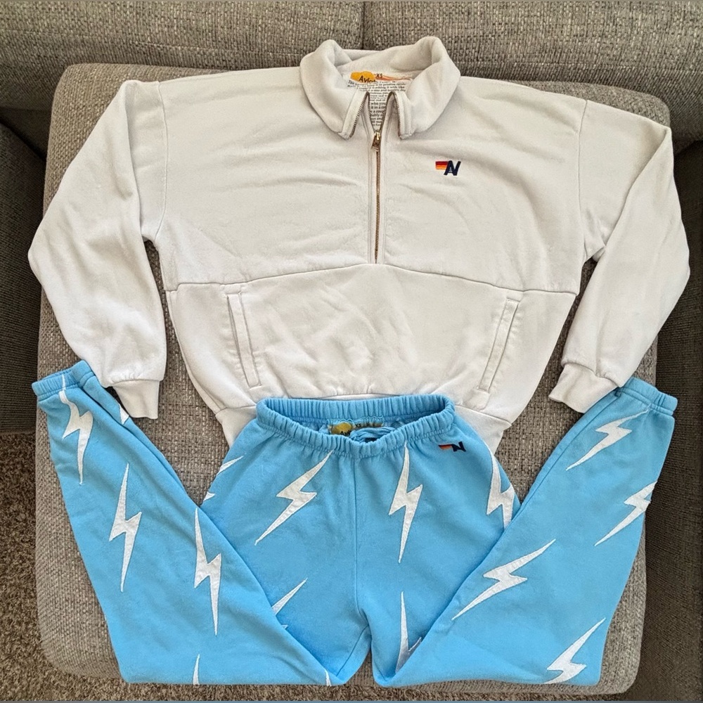 Aviator Nation White Half Zip Sweatshirt & Blue Bolt Stitch Sweatpants Size XS